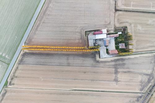 Foto aerea di azienda dove viene prodotto il riso nella Lomellina in Lombardia