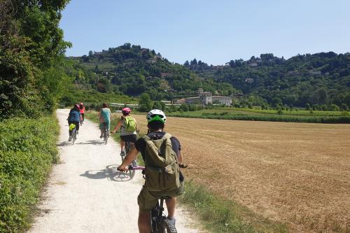 Un gruppo di persone di spalle pedala nella campagna bergamasca con guida durante un tour