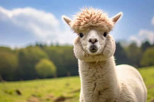 Un alpaca bianco in un prato verde sullo sfondo un bosco e il cielo azuurro