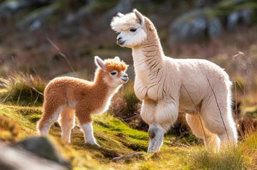 Un cucciolo di alpaca marrone con la sua mamma beige nella natura