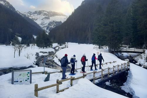 Dei ragazzi accompagnati da una Guida Ambientale Escursionistica stanno facendo una ciaspolata in Val Brembana in provincia di Bergamo in Lombardia