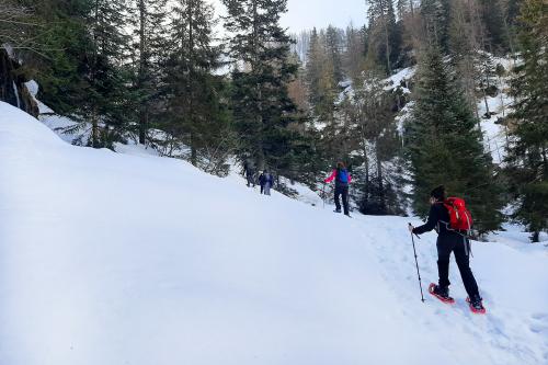Un gruppo di ragazzi stanno facendo una ciaspolata in Val Terzera in Lombardia