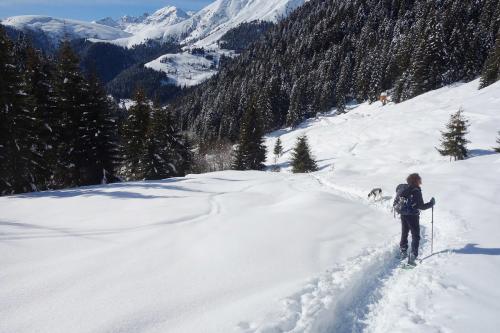 Un ragazzo fermo ad osservare il paesaggio innevato durante una ciaspolata sulla neve in Lombardia in Italia