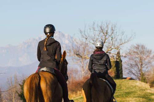 Due ragazze viste di spalle passeggiano tranquille in sella a due splendidi cavalli arabi marroni sullo sfondo le montagne_ del Lago di Como