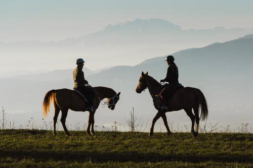 Due ragazzi durante una passeggiata a cavallo uno di fronte all'altro sullo sfondo le montagne del Lago di Como