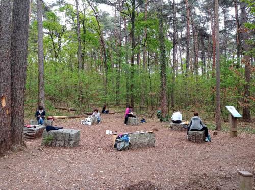 Un gruppo di persone sedute su dei grandi sassi in un bosco durante il workshop en plein air di acquerello nel Parco Pineta in Lombardia
