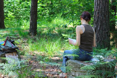 Una ragazza seduta su una roccia in un bosco durante un corso en plein air di acquerello nel Parco Pineta in provincia di Varese in Lombardia