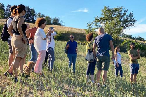 Un gruppo di persone durante la passeggiata nei vigneti con degustazione nell'Oltrepo Pavese in Lombardia