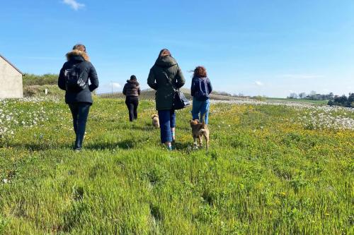 Un gruppo di ragazze camminano tra i campi e i vigneti dell'Oltrepo Pavese in Lombardia