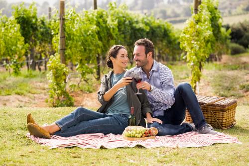 Un uomo e una donna stanno sorseggiando del vino durante un picnic in un vigneto dell'Oltrepò Pavese in Lombardia