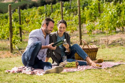 Una coppia durante un picnic con degustazione in Oltrepò Pavese in Lombardia sorride felice sorseggiando del vino rosso