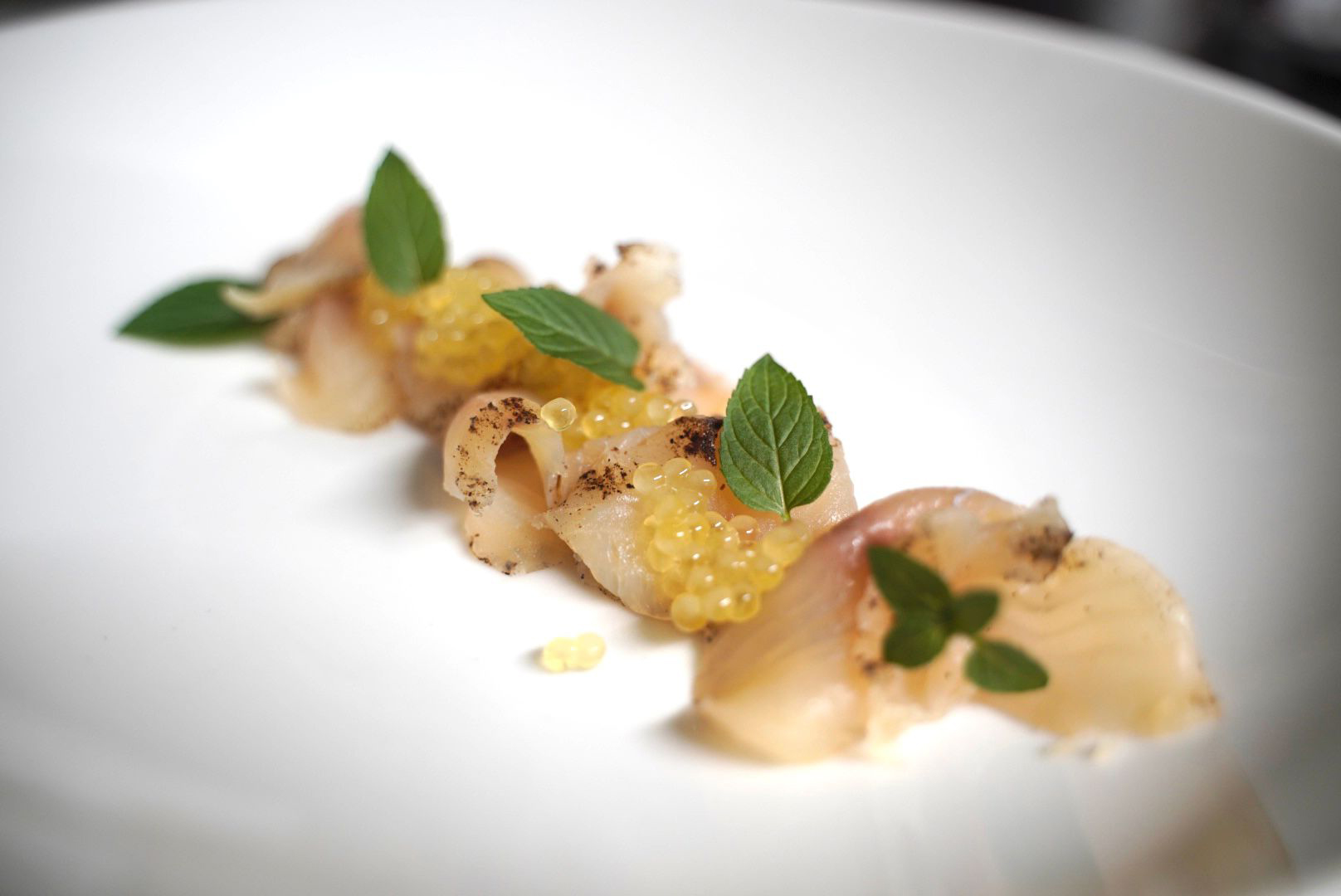 Piatto dello chef realizzato con pesce ed erbe selvatiche raccolte vicino a Varenna sul Lago di Como in Lombardia