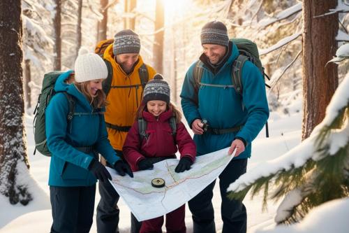 Una famiglia con mappa e bussola in mano durante una esperienza di orienteering nella piana del Gaver vicino a Brescia in Lombardia