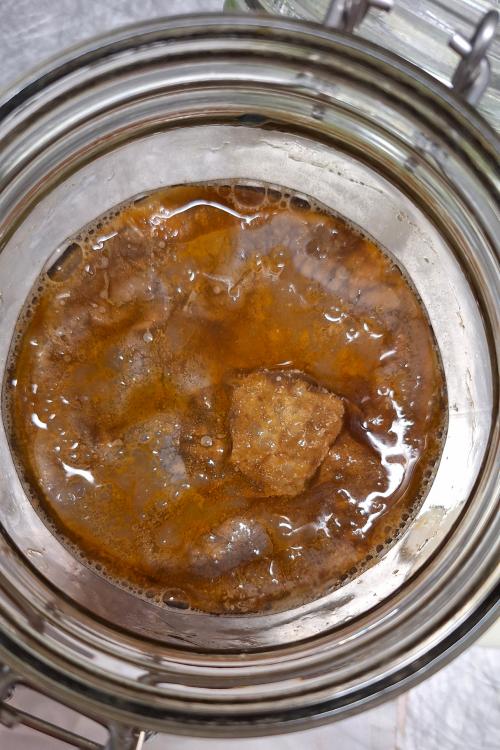 Scoby inserito in un vaso di vetro con chiusura ermetica per la preparazione del kombucha durante il corso in Lombardia sul Lago di Como