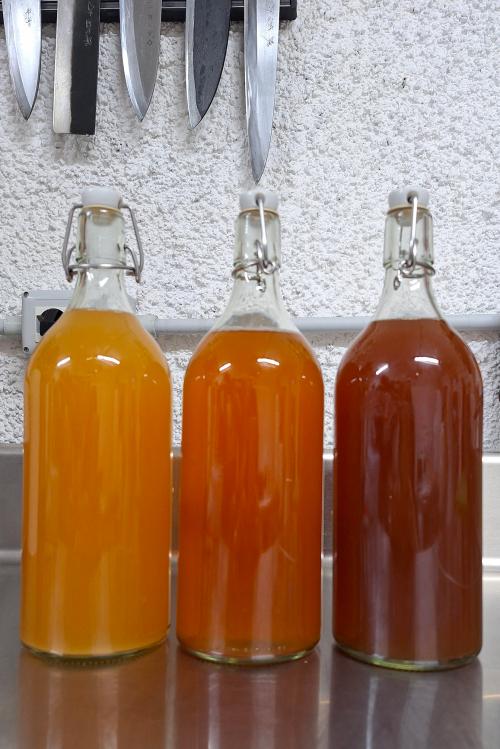 Tre diversi tipi di kombucha degustati durante il corso per imparare a preparare la bevanda fermentata sul Lago di Como in Lombardia