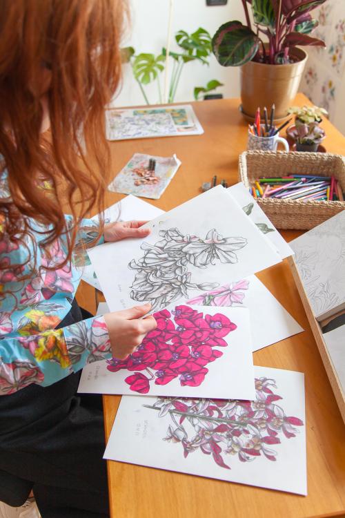 Una illustratrice mentre confronta le sue illustrazioni botaniche vicino a Milano in Lombardia