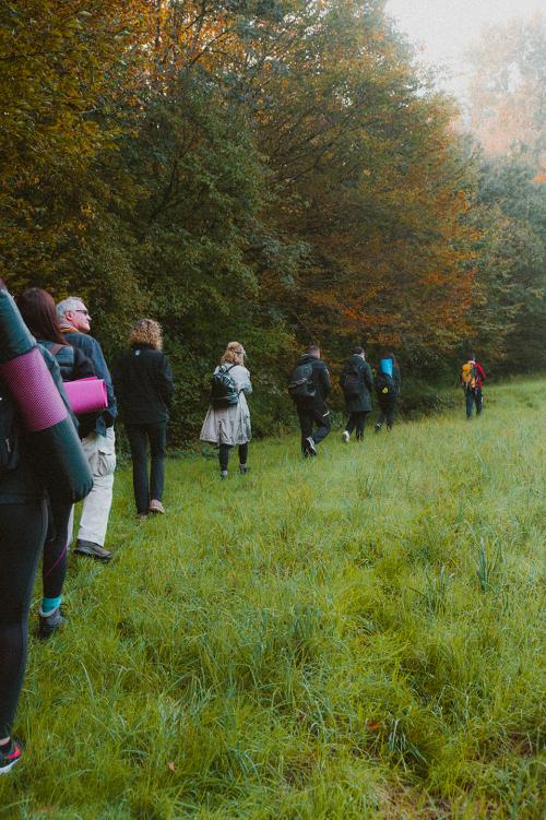 Un gruppo di persone camminano nel Parco Regionale di Montevecchia Valle del Curone per fare forest bathing in Lombardia