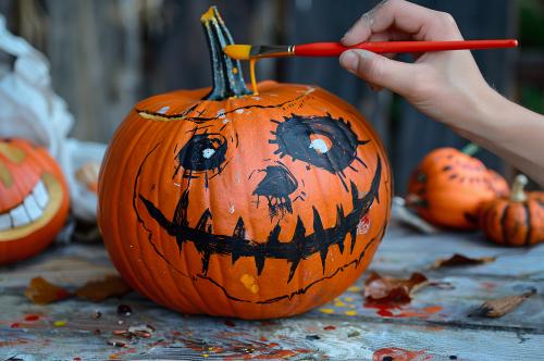 Donna che pittura una zucca disegnando una spaventosa faccia durante il laboratorio pittura la tua zucca in Lombardia vicino a Pavia