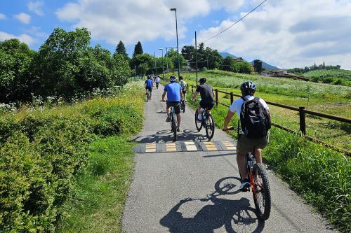 Un gruppo di persone in sella a delle e-bike durante il tour tra i vigneti del Moscato di Scanzo nei dintorni di Bergamo in Lombardia