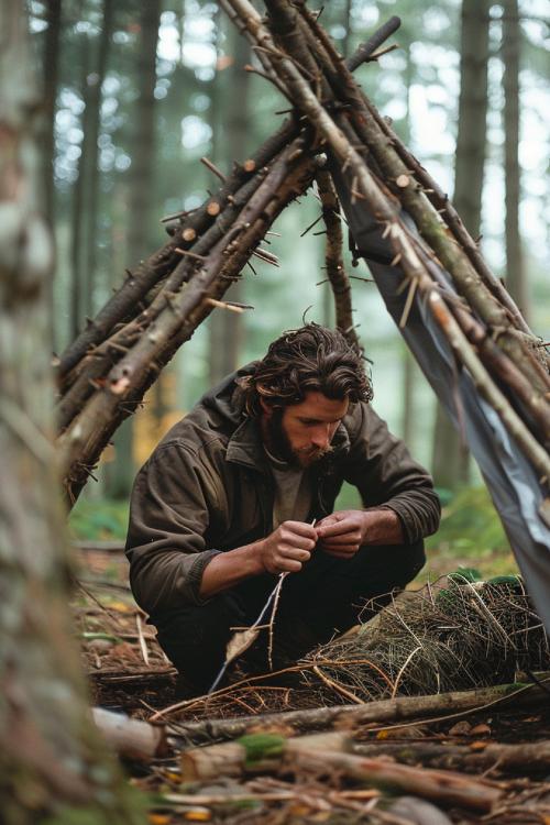 Un uomo durante il corso di survival vicino Bergamo in Lombardia crea un riparo di emergenza dove trascorrere la notte