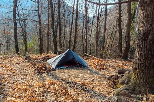 Rifugio di emergenza allestito durante il corso di survival e bushcraft vicino a Brescia in Lombardia