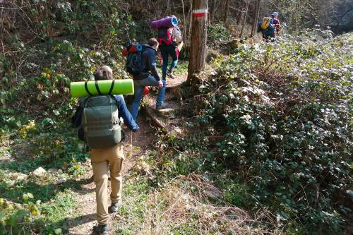 Un gruppo di ragazzi fanno un breve trekking tra i boschi per raggiungere il campo base dove viene fatto il corso di sopravvivenza sul Lago di Garda vicino a Brescia in Lombardia