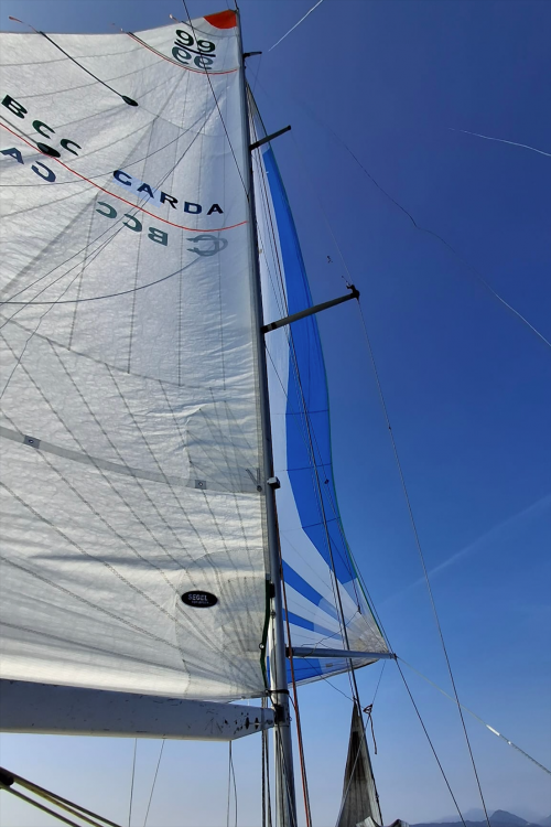Vela di una barca a vela da regata Lago di Garda a San Felice del Benaco in Lombardia