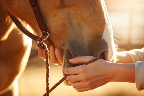 Una ragazza accarezza il muso di un cavallo durante la lezione di etologia che si svolge in Lombardia a Rivolta d'Adda