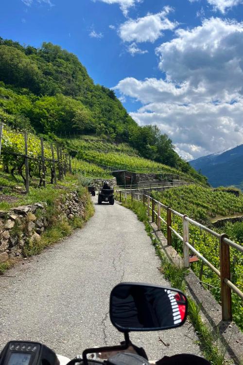 Un gruppo di persone in sella a dei quad durante il tour panoramico tra i vigneti nei dintorni di Sondrio in Valtellina in Lombardia